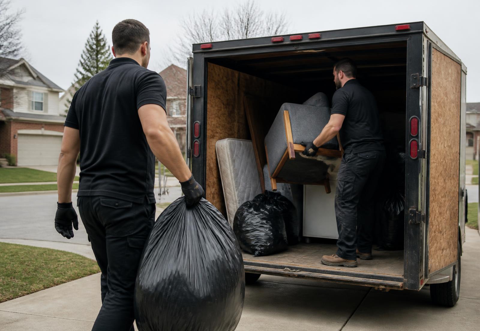 Two property-care workers in black work shirts loading furniture and garbage bags into a trailer on a residential driveway