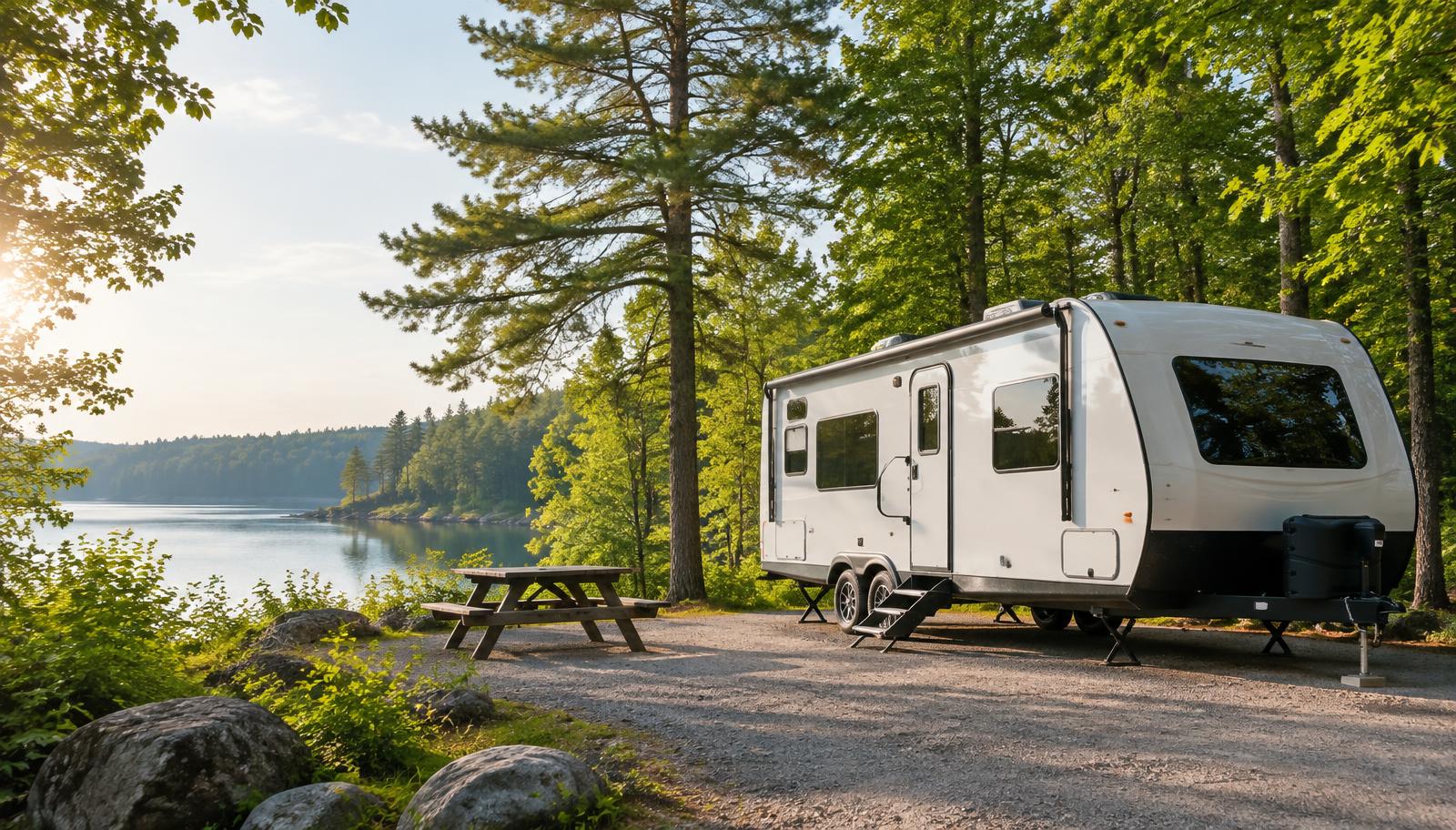 A clean white travel trailer parked at a wooded campground site beside a lake
