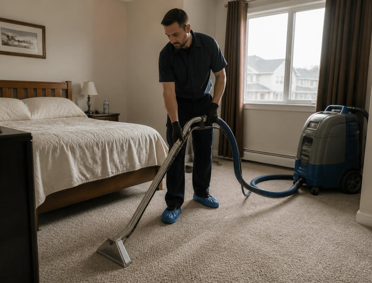 Carpet extraction cleaning a bedroom carpet