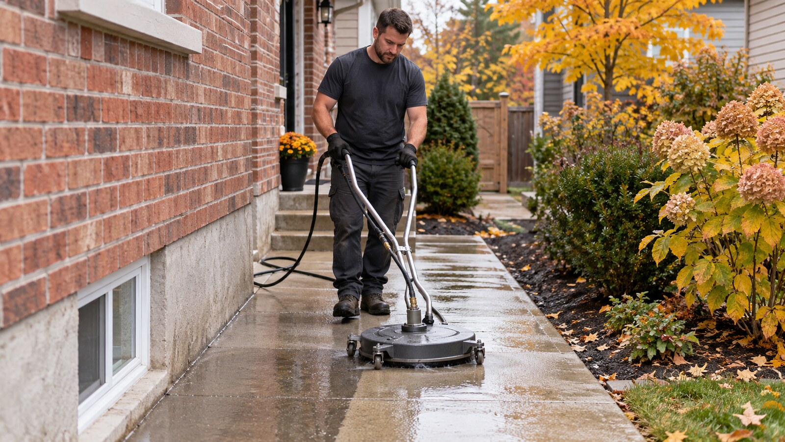 Property-care worker using a rotary surface cleaner on a concrete walkway beside an Ottawa home