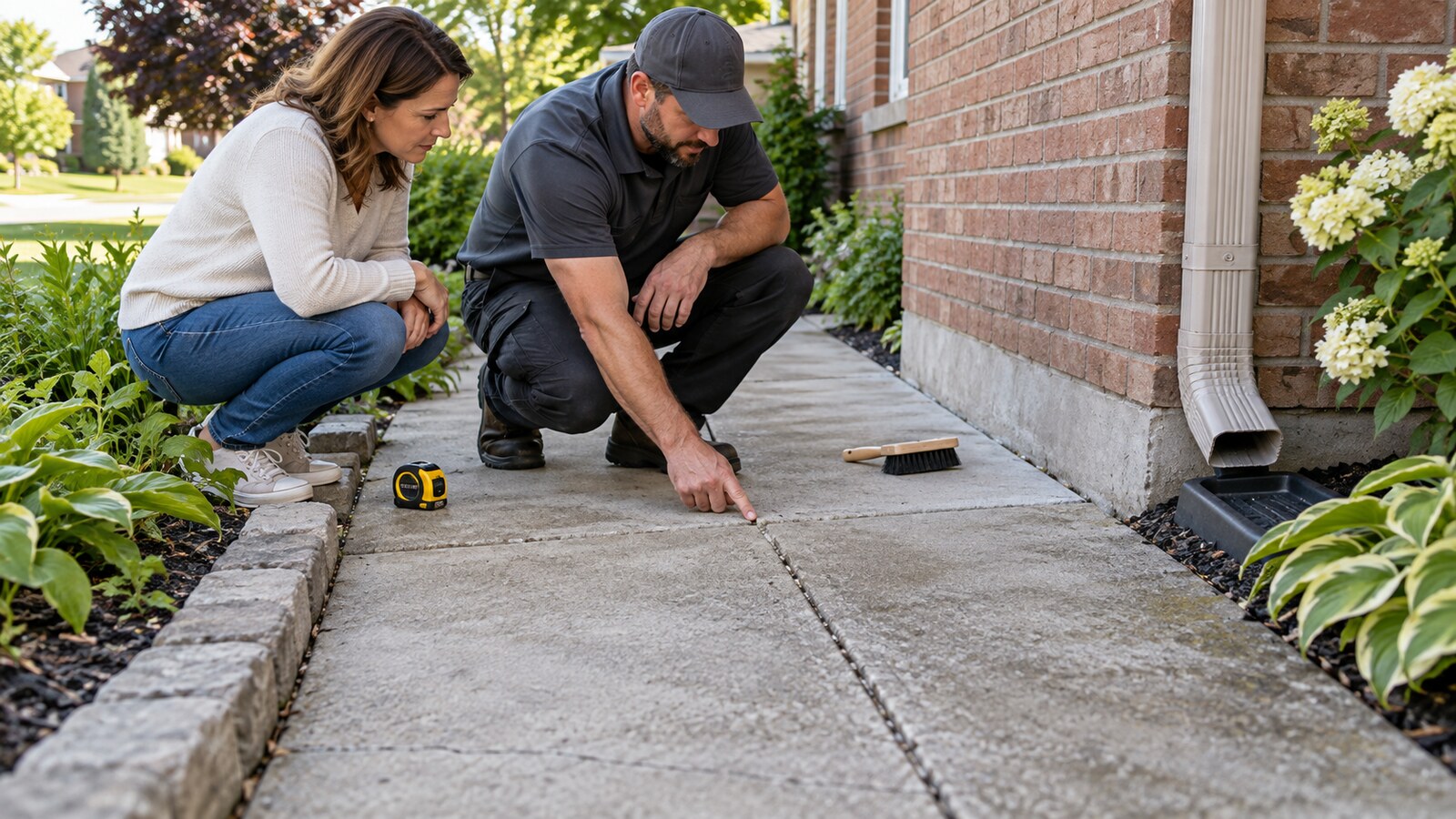Homeowner and property-care worker inspecting a concrete walkway joint, garden edge and downspout outlet