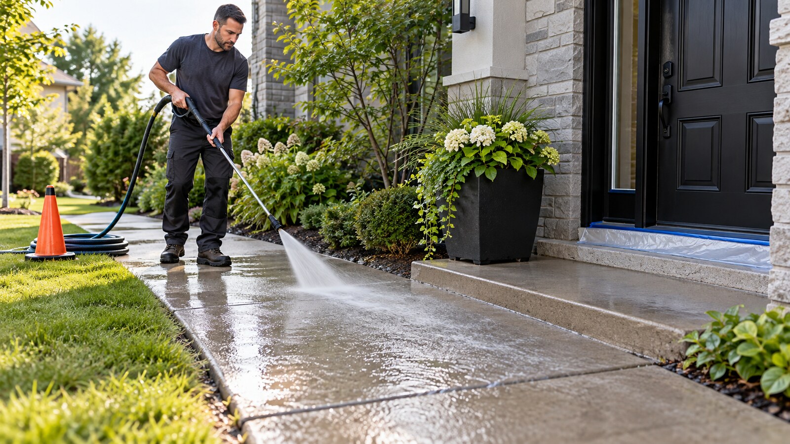 Property-care worker directing a controlled rinse along a concrete walkway away from a protected entrance