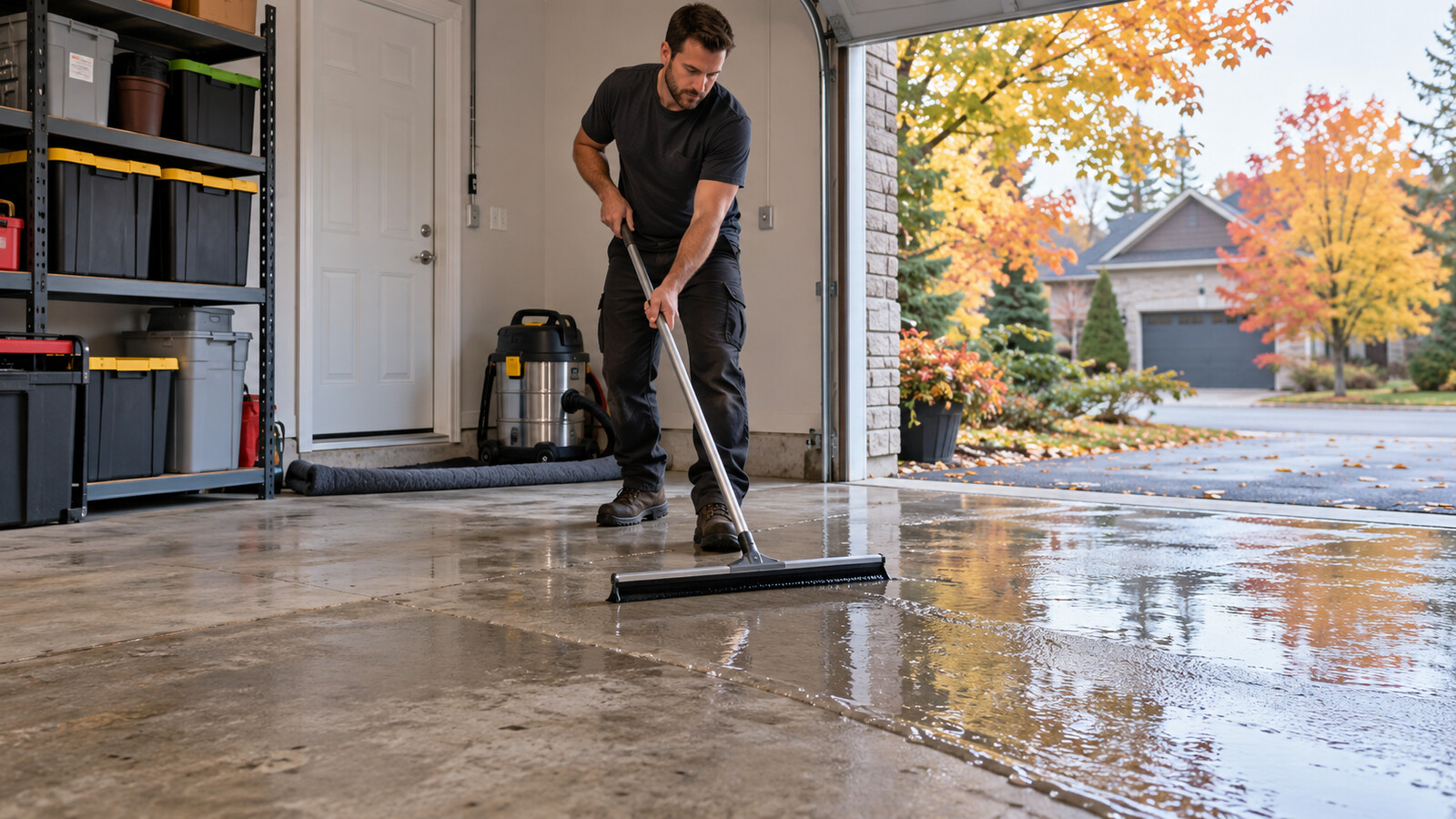 Property-care worker guiding a shallow layer of rinse water toward the open garage door with a wide squeegee
