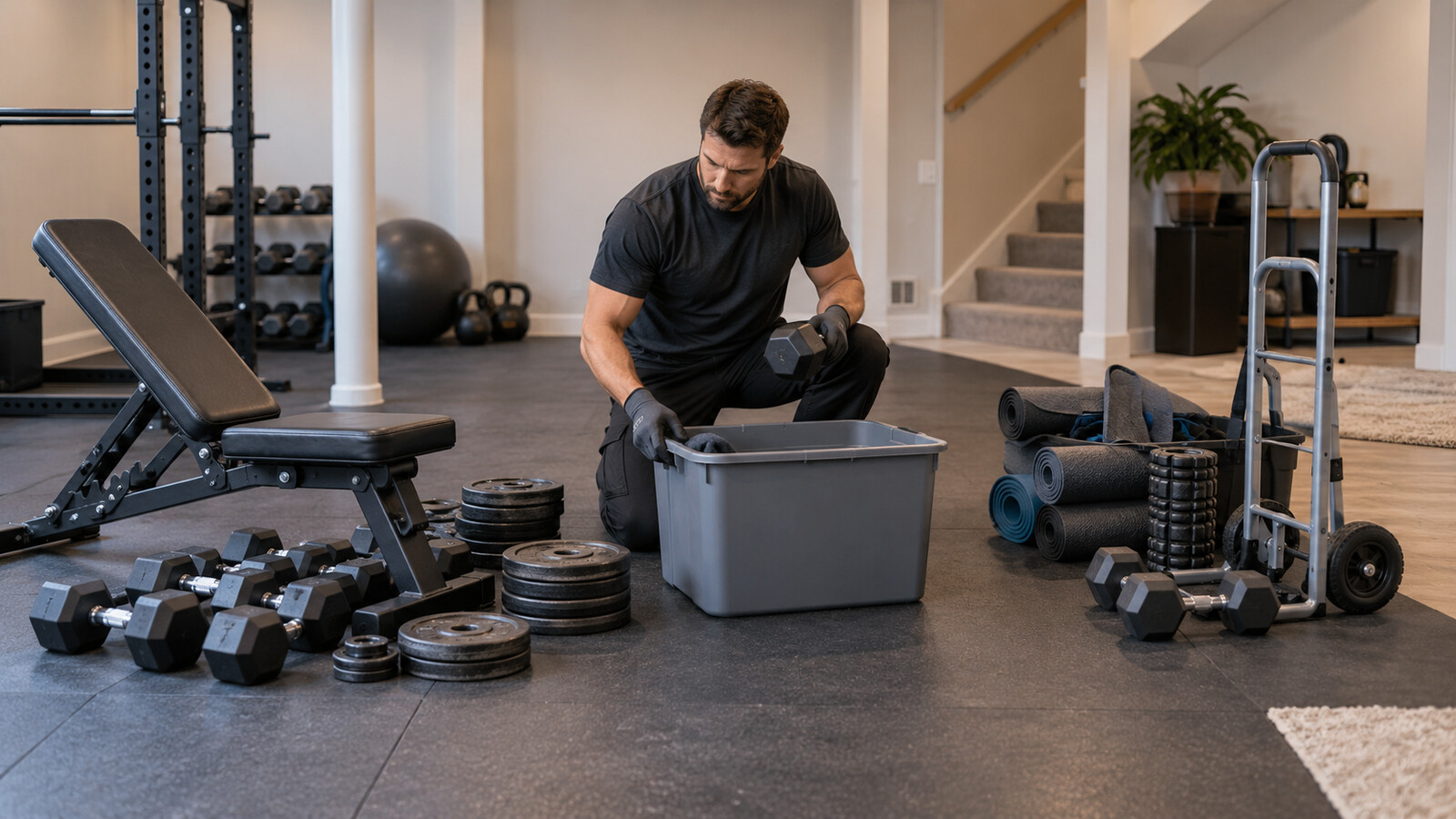 Property-care worker sorting dumbbells, weight plates and exercise mats in an organized Ottawa basement home gym