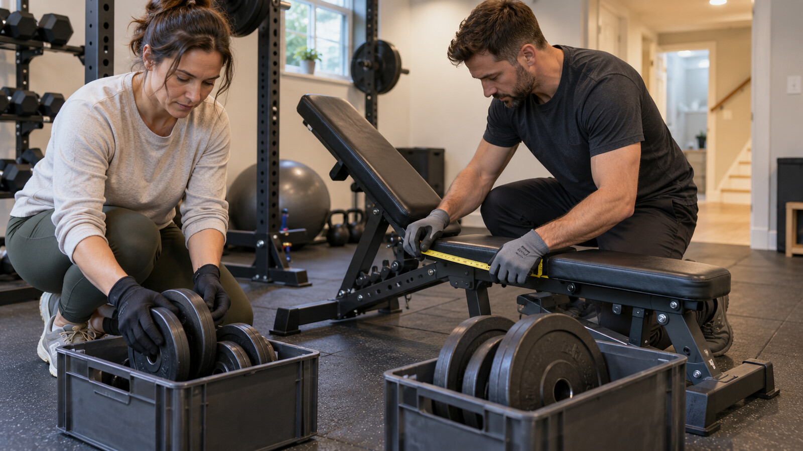 Homeowner and property-care worker measuring an adjustable bench and sorting weight plates into low sturdy containers