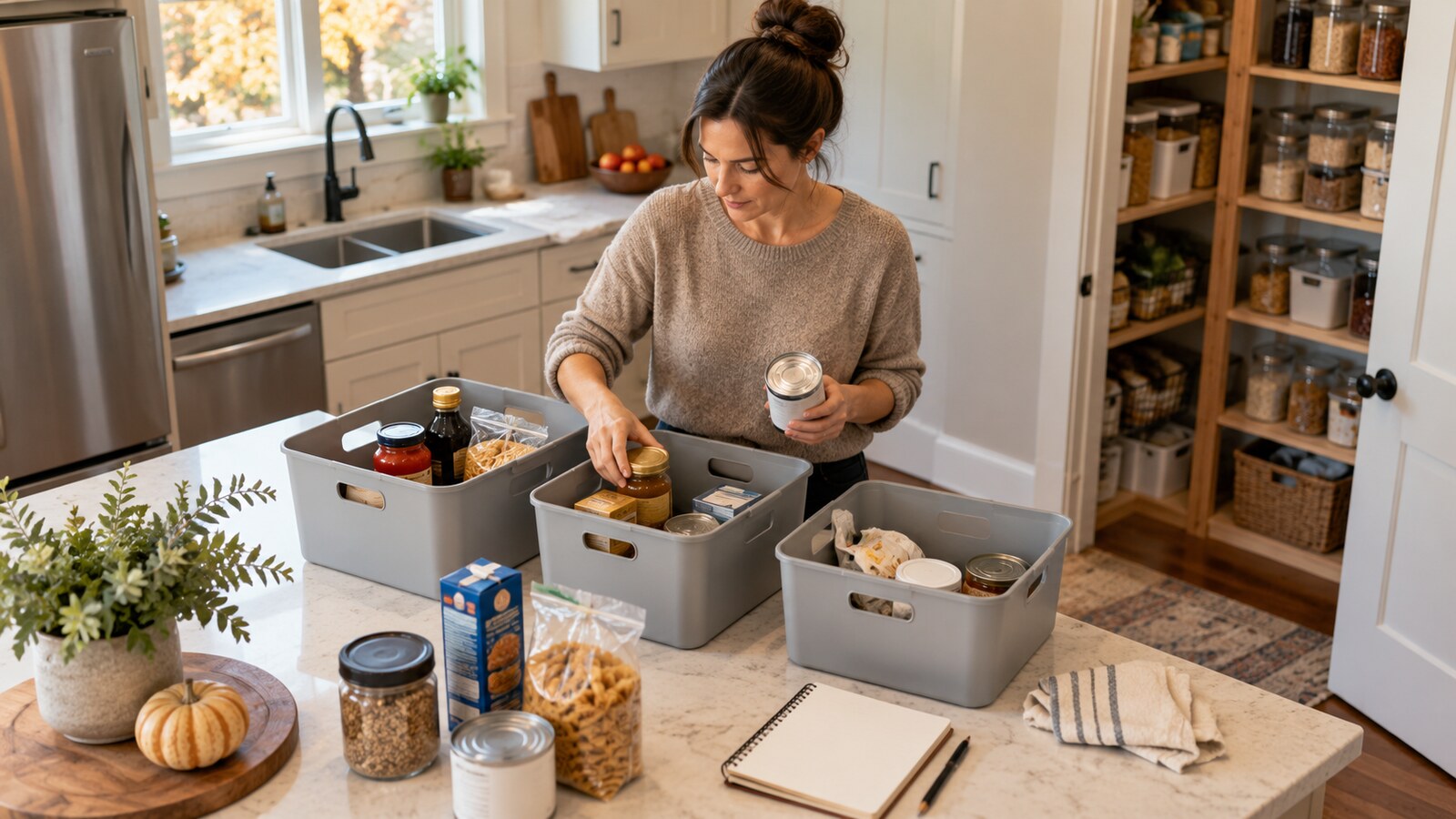 Homeowner sorting pantry goods into neutral bins on a kitchen island