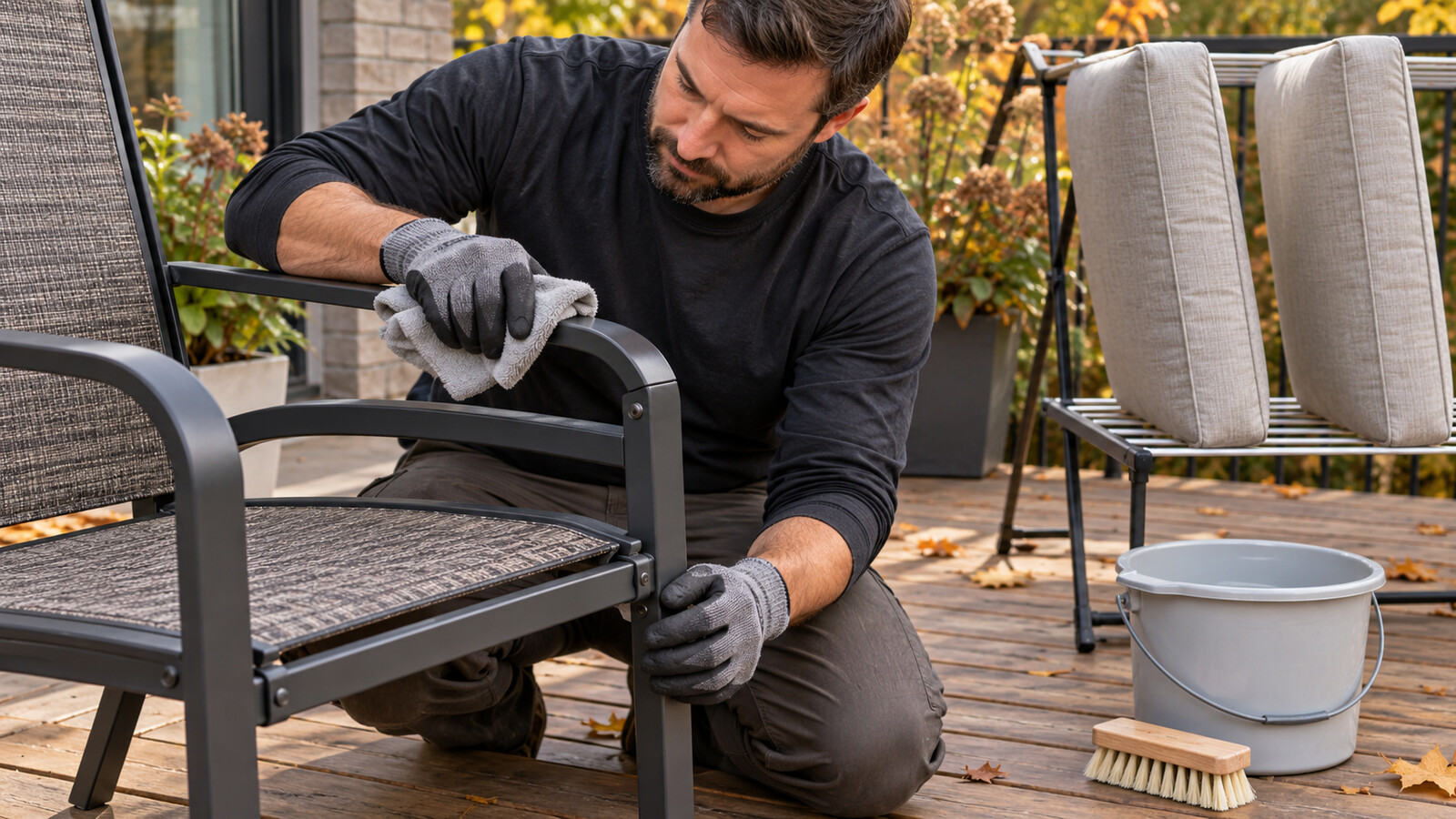 Property-care worker wiping a metal patio chair frame while dry outdoor cushions stand on a breathable rack