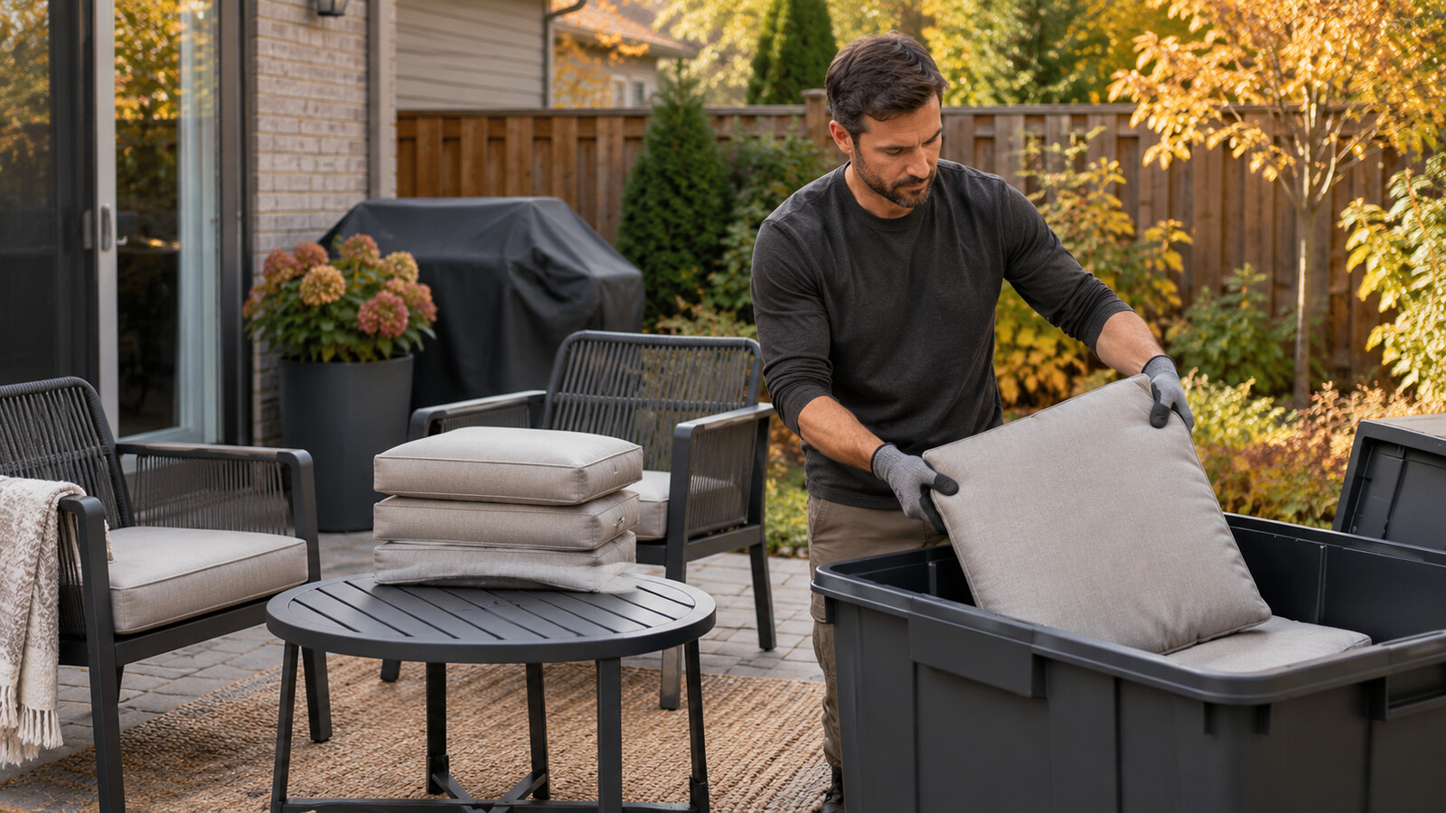 Property-care worker sorting dry patio cushions and outdoor furniture for winter storage at an Ottawa home