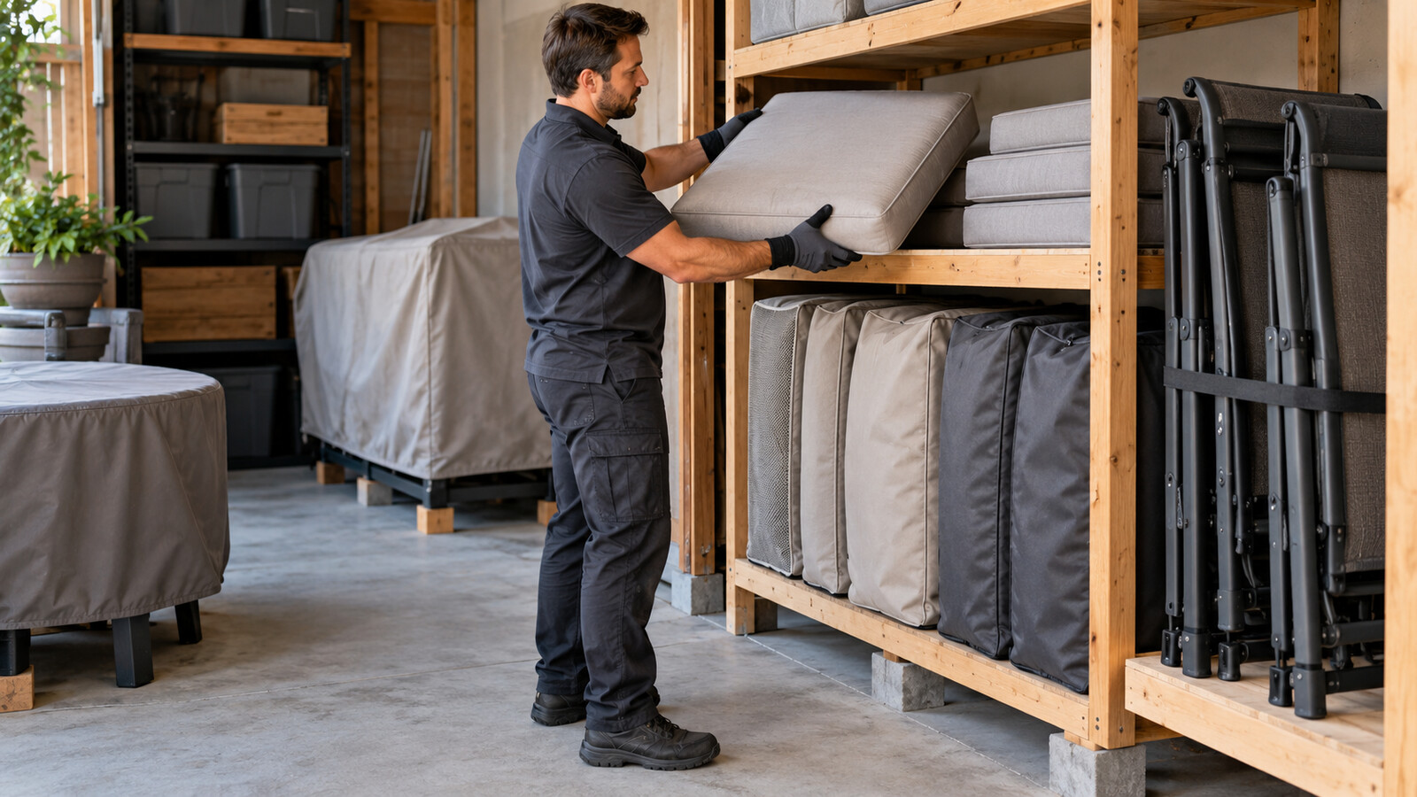 Property-care worker placing a dry patio cushion on shelving beside covered furniture and secured folding chairs