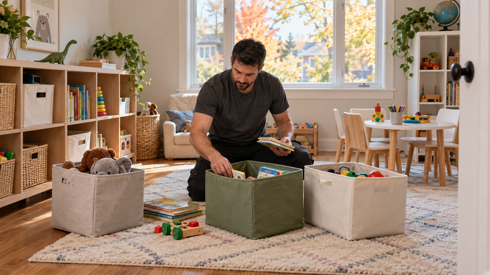 Property-care worker sorting books and ordinary toys into unlabelled storage bins in an Ottawa playroom
