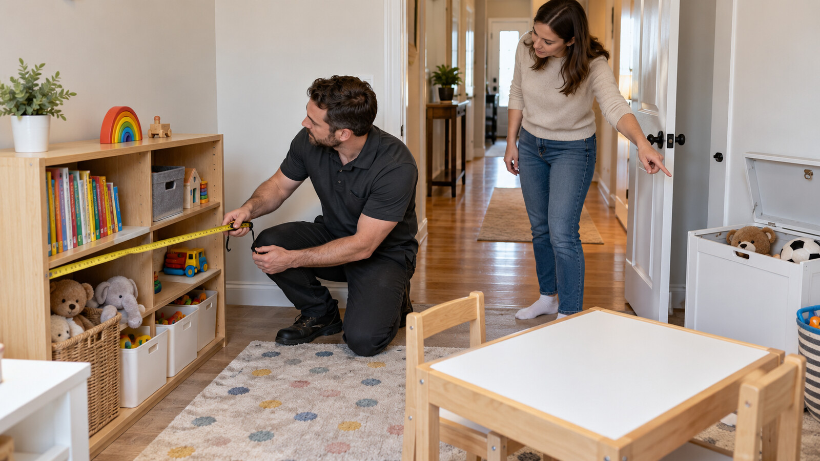 Homeowner and property-care worker checking a low playroom shelf and the clear route through a doorway