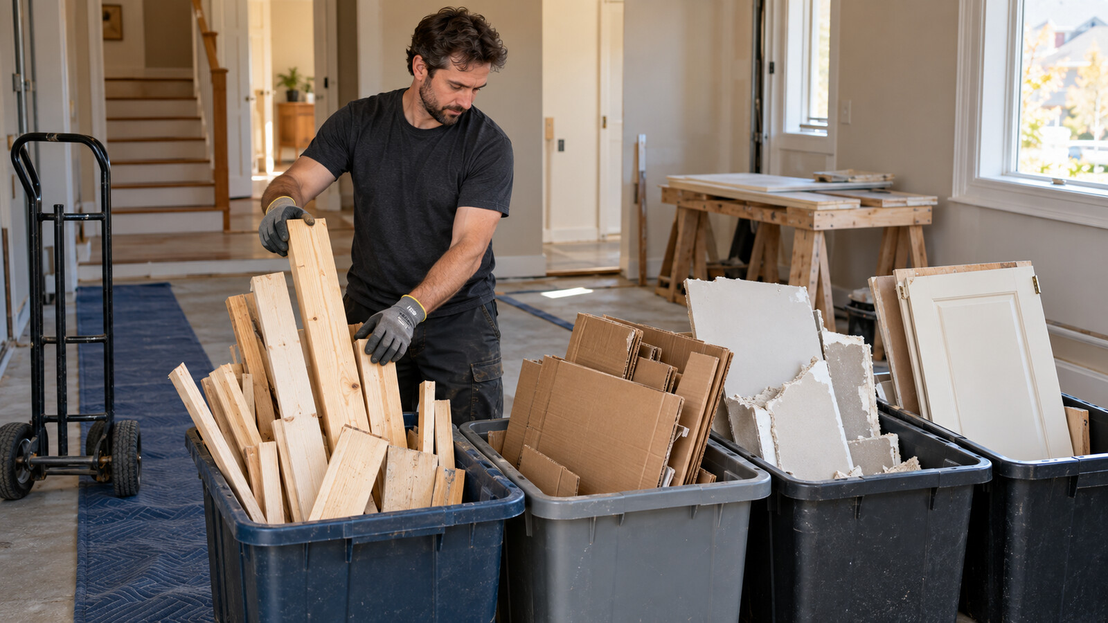 Property-care worker sorting ordinary non-hazardous renovation debris beside a protected work area in an Ottawa home