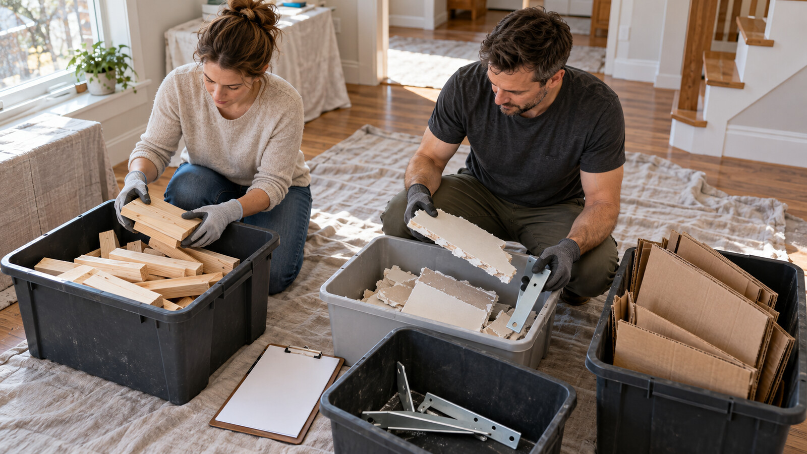 Homeowner and property-care worker sorting clean wood offcuts, cardboard and drywall pieces into separate containers