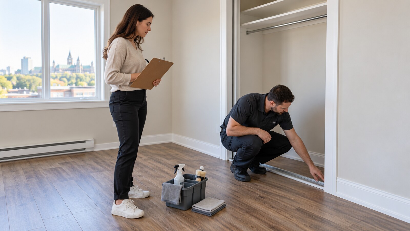 Property manager and property-care worker checking an empty bedroom closet track and baseboard corners