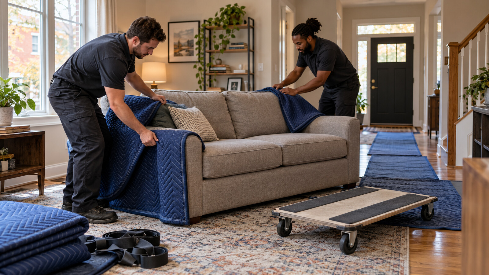 Two property-care workers wrapping a sofa in moving blankets beside a furniture dolly in an Ottawa townhouse